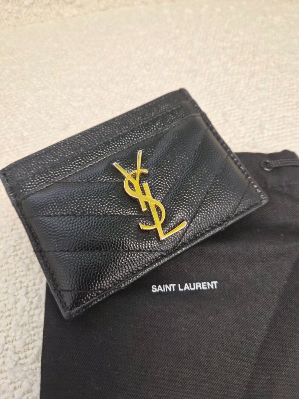 Saint Laurent Black Chevron-Quilted Leather Card Holder with Gold YSL Logo
